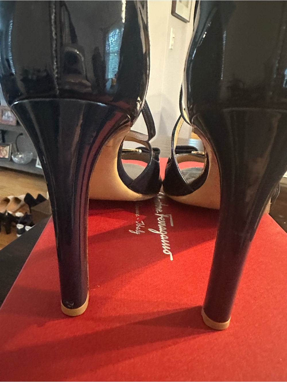 Salvatore Ferragamo Navy Patent Bow Slingback Heels with Gold Accent. Gabrielle - Picture 4 of 8